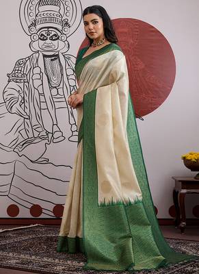 cream and green handloom weaving silk blend saree 2