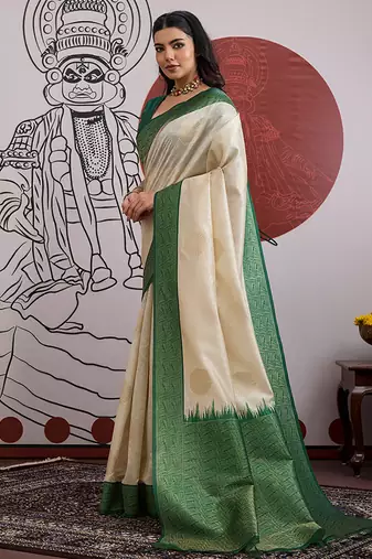 cream and green handloom weaving silk blend saree
