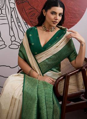 cream and green handloom weaving silk blend saree 3