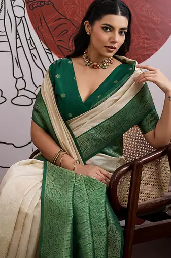 cream and green handloom weaving silk blend saree