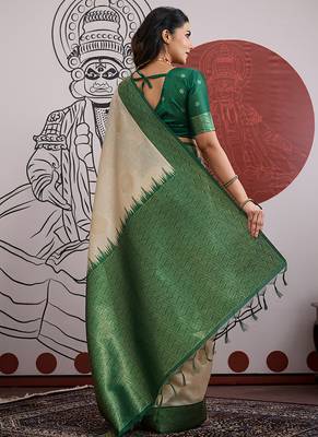 cream and green handloom weaving silk blend saree 4