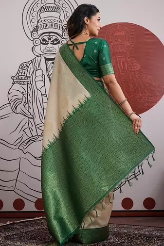 cream and green handloom weaving silk blend saree