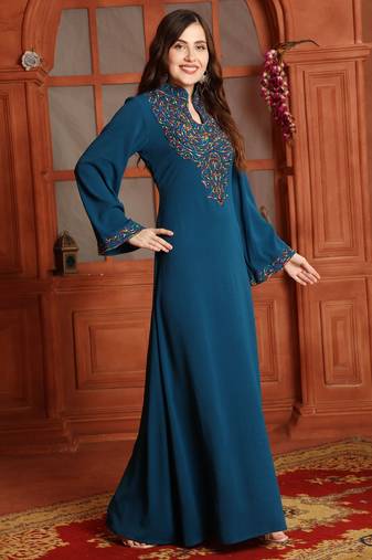 Teal Blue Embroidered Yoke Maxi Dress with Embellishment