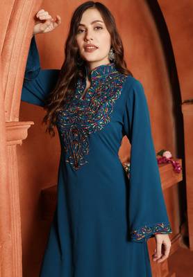 Teal Blue Embroidered Yoke Maxi Dress with Embellishment 2
