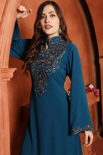 Teal Blue Embroidered Yoke Maxi Dress with Embellishment
