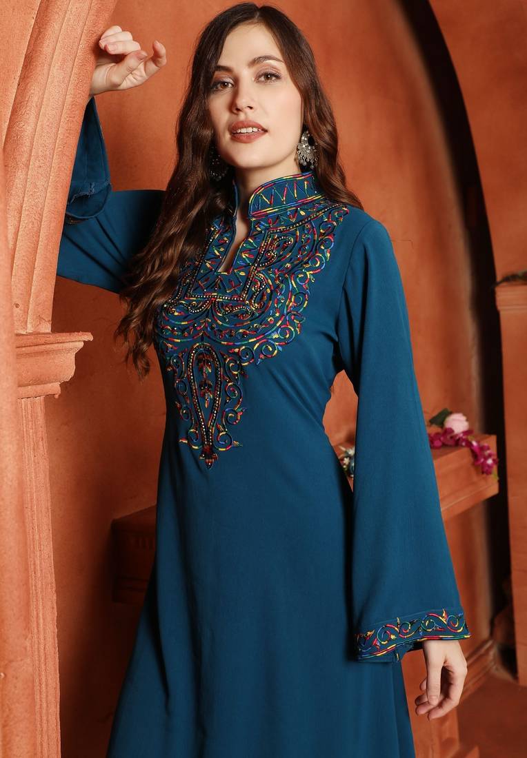 Teal Blue Embroidered Yoke Maxi Dress with Embellishment