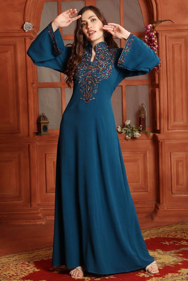 Teal Blue Embroidered Yoke Maxi Dress with Embellishment