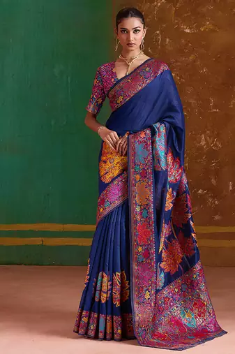 navy blue cotton blend weaving contemporary saree