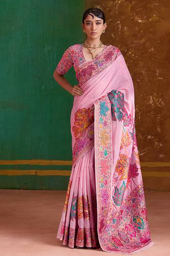 pink cotton blend weaving contemporary saree