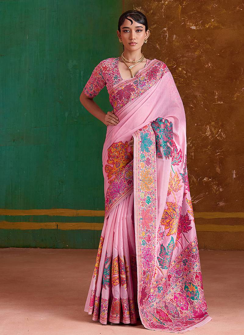 pink cotton blend weaving contemporary saree