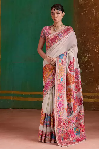 cream cotton blend weaving contemporary saree
