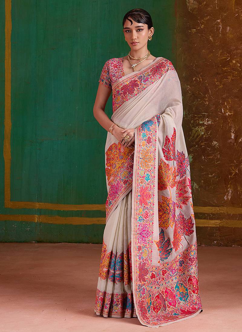 cream cotton blend weaving contemporary saree