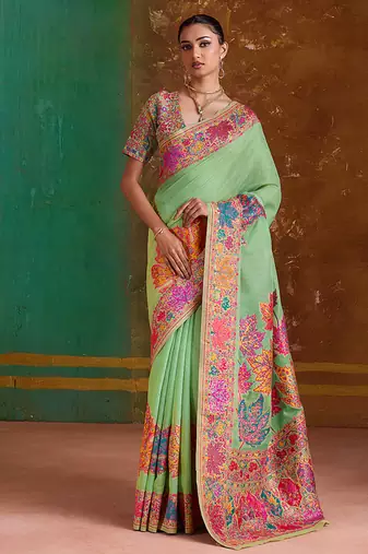 light green cotton blend weaving contemporary saree