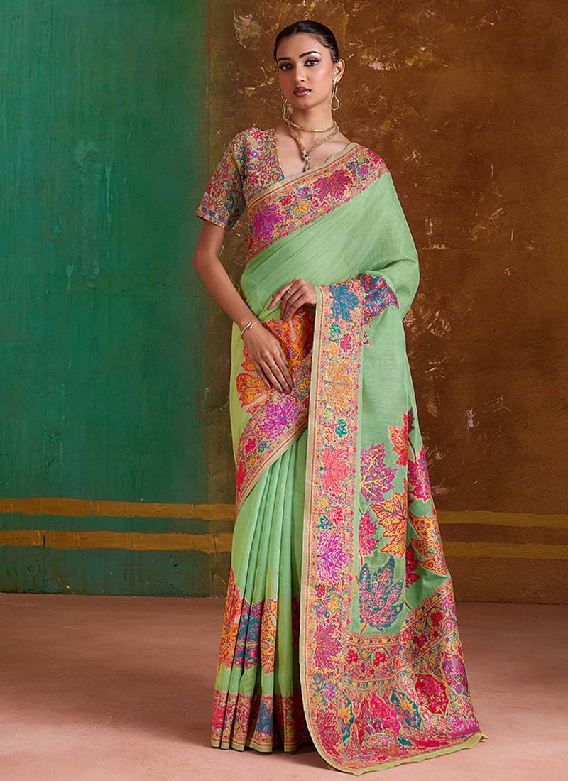 light green cotton blend weaving contemporary saree