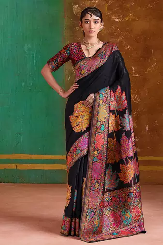 black cotton blend weaving contemporary saree