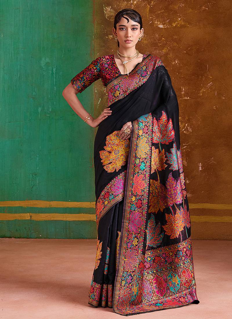 black cotton blend weaving contemporary saree