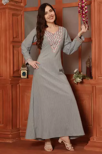 Multicolor Threadwork Embroidered Kaftan in Grey