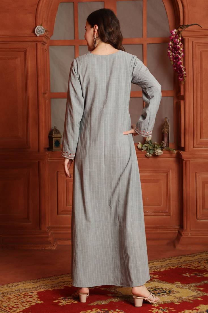 Multicolor Threadwork Embroidered Kaftan in Grey