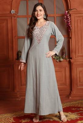 Multicolor Threadwork Embroidered Kaftan in Grey 4