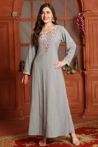 Multicolor Threadwork Embroidered Kaftan in Grey