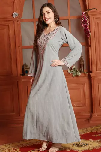 Multicolor Threadwork Embroidered Kaftan in Grey