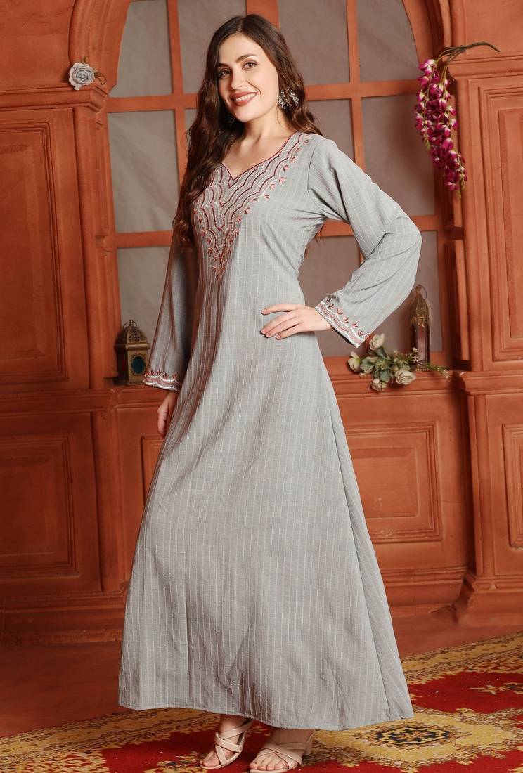 Multicolor Threadwork Embroidered Kaftan in Grey