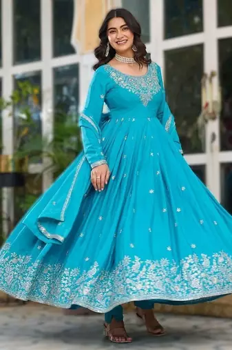 Blue silk thread & sequins embroidered Anarkali pant with dupatta