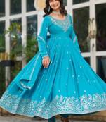 Blue silk thread & sequins embroidered Anarkali pant with dupatta