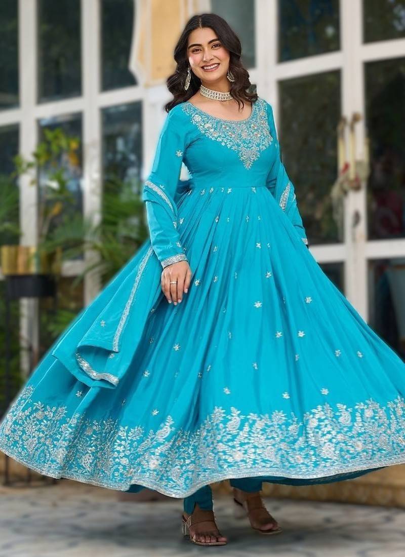 Blue silk thread & sequins embroidered Anarkali pant with dupatta