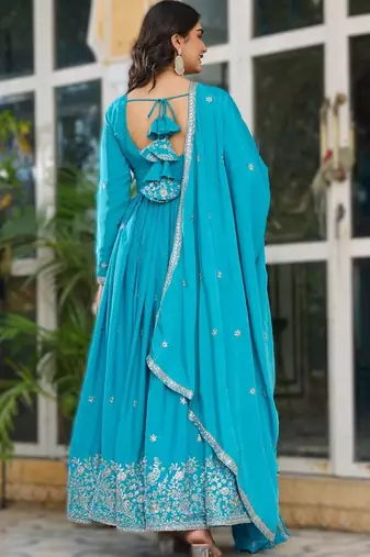 blue silk thread & sequins embroidered anarkali pant with dupatta