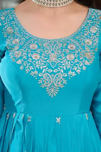 blue silk thread & sequins embroidered anarkali pant with dupatta
