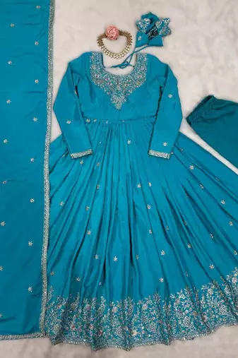 blue silk thread & sequins embroidered anarkali pant with dupatta