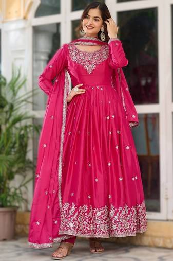 Pink silk thread & sequins embroidered Anarkali pant with dupatta