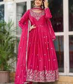 Pink silk thread & sequins embroidered Anarkali pant with dupatta