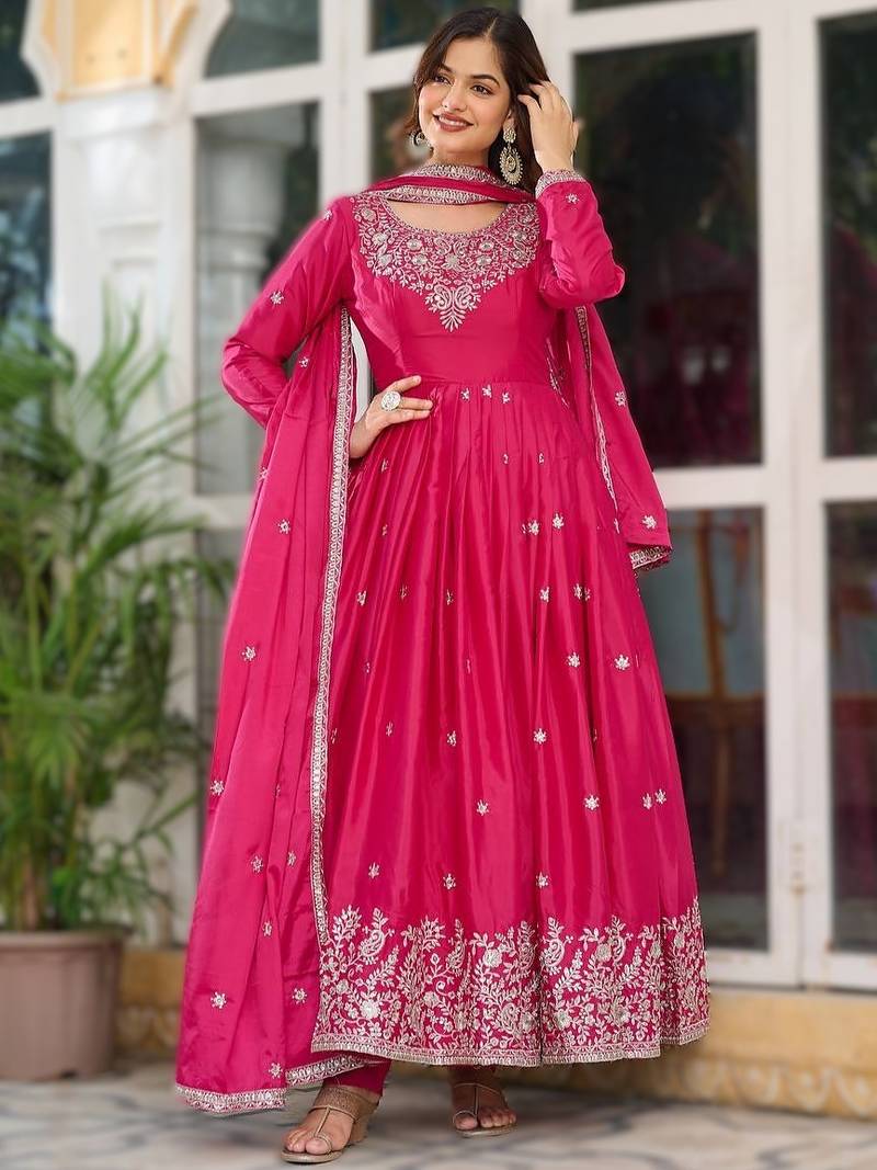 Pink silk thread & sequins embroidered Anarkali pant with dupatta