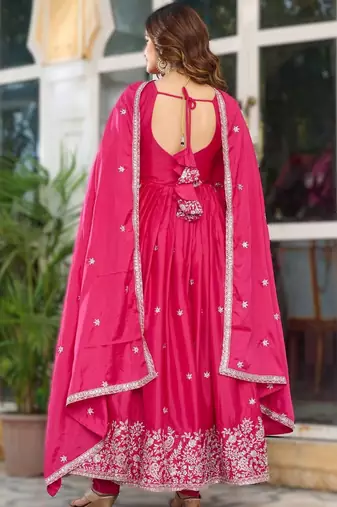 Pink silk thread & sequins embroidered Anarkali pant with dupatta