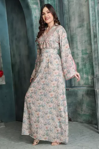 Floral Embroidered Modestwear Dress with Crystal Studded Lacework