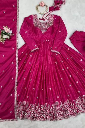 Pink silk thread & sequins embroidered Anarkali pant with dupatta