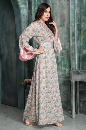 Floral Embroidered Modestwear Dress with Crystal Studded Lacework