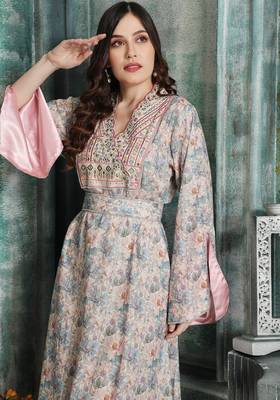 Floral Embroidered Modestwear Dress with Crystal Studded Lacework 4