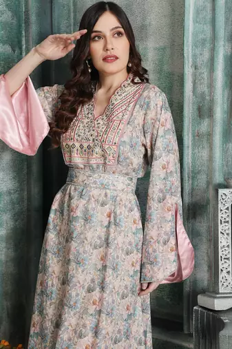 Floral Embroidered Modestwear Dress with Crystal Studded Lacework