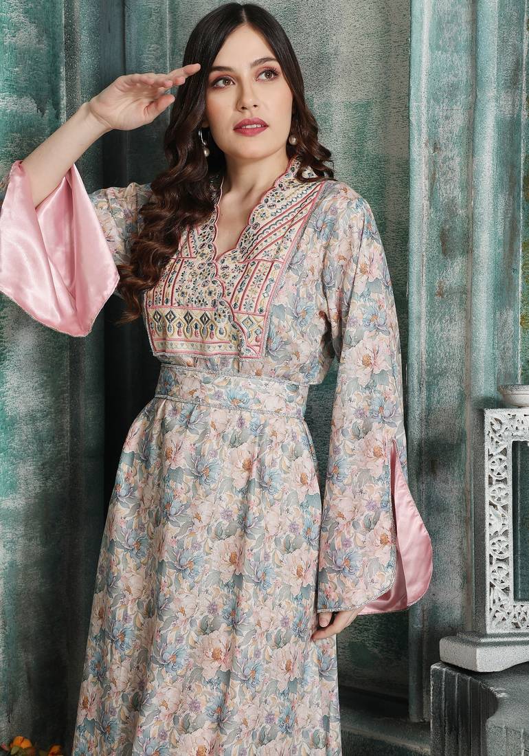 Floral Embroidered Modestwear Dress with Crystal Studded Lacework