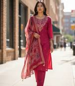 pink chanderi silk embroidered straight kurta pant and dupatta set