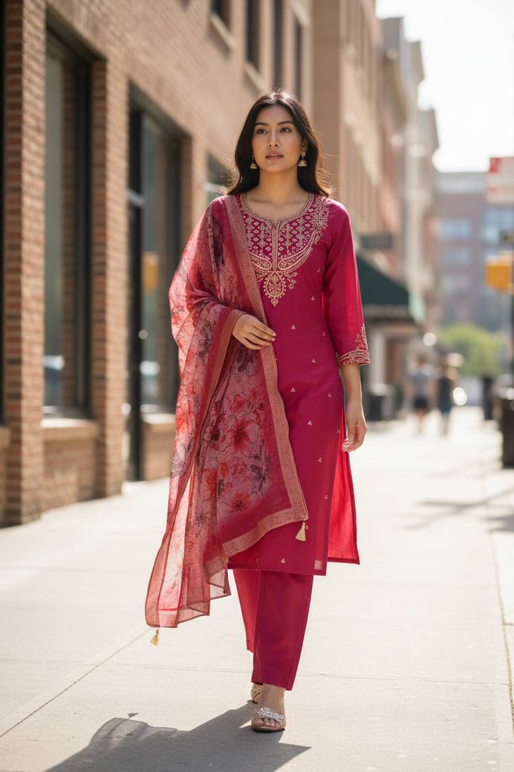 pink chanderi silk embroidered straight kurta pant and dupatta set