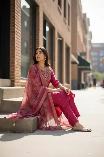 pink chanderi silk embroidered straight kurta pant and dupatta set