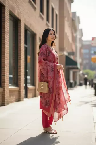 pink chanderi silk embroidered straight kurta pant and dupatta set
