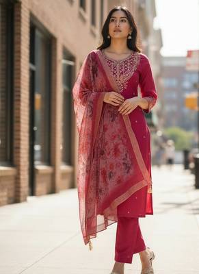 pink chanderi silk embroidered straight kurta pant and dupatta set 4