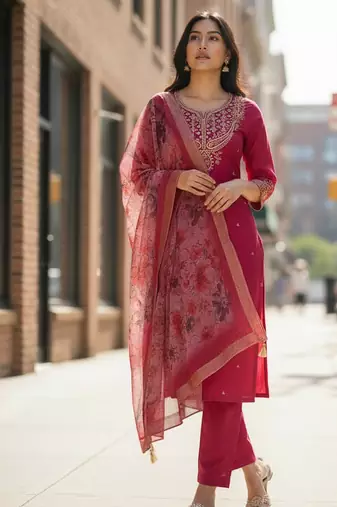pink chanderi silk embroidered straight kurta pant and dupatta set