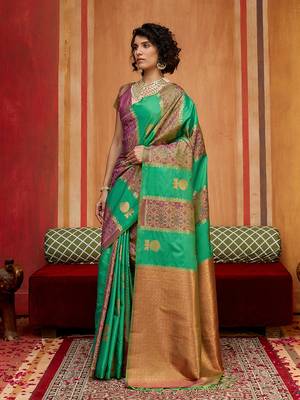 green & purple handloom silk blend saree with zari weaving 1
