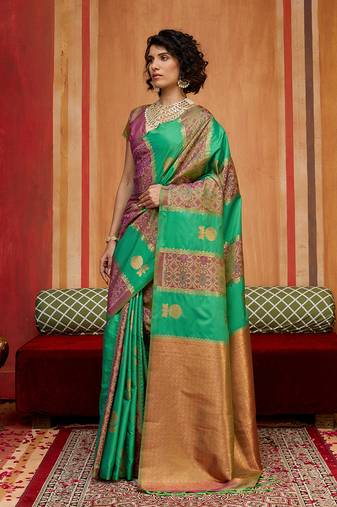 multi colour handloom art silk contemporary saree with weaving work